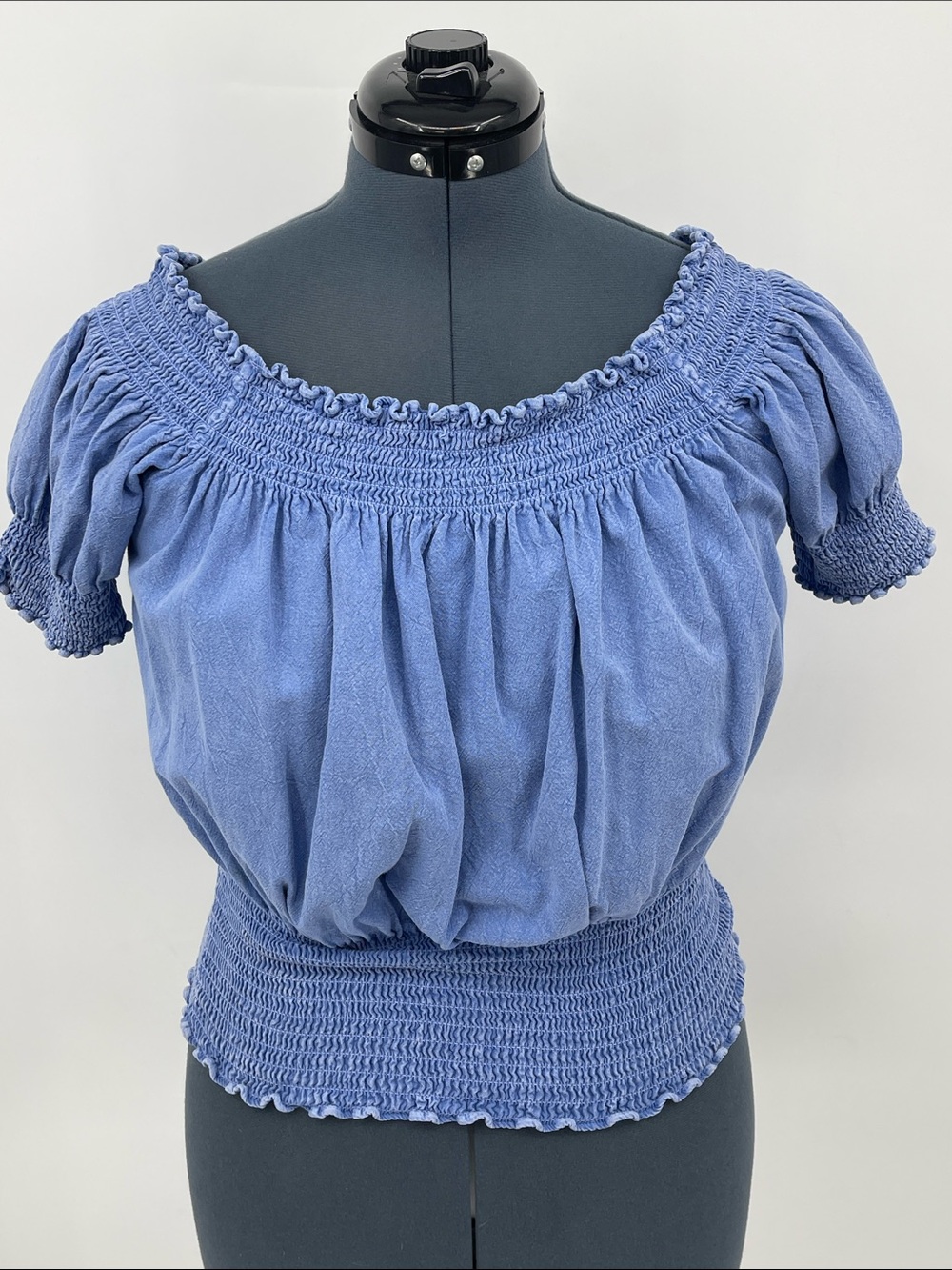 GIOCAM Smocked Off-Shoulder Peasant Top in Periwinkle Blue WOMENS SIZE M